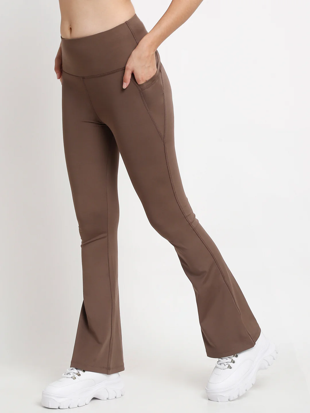 Brown Flare High Waisted Essential Pants With Pockets - Image 3