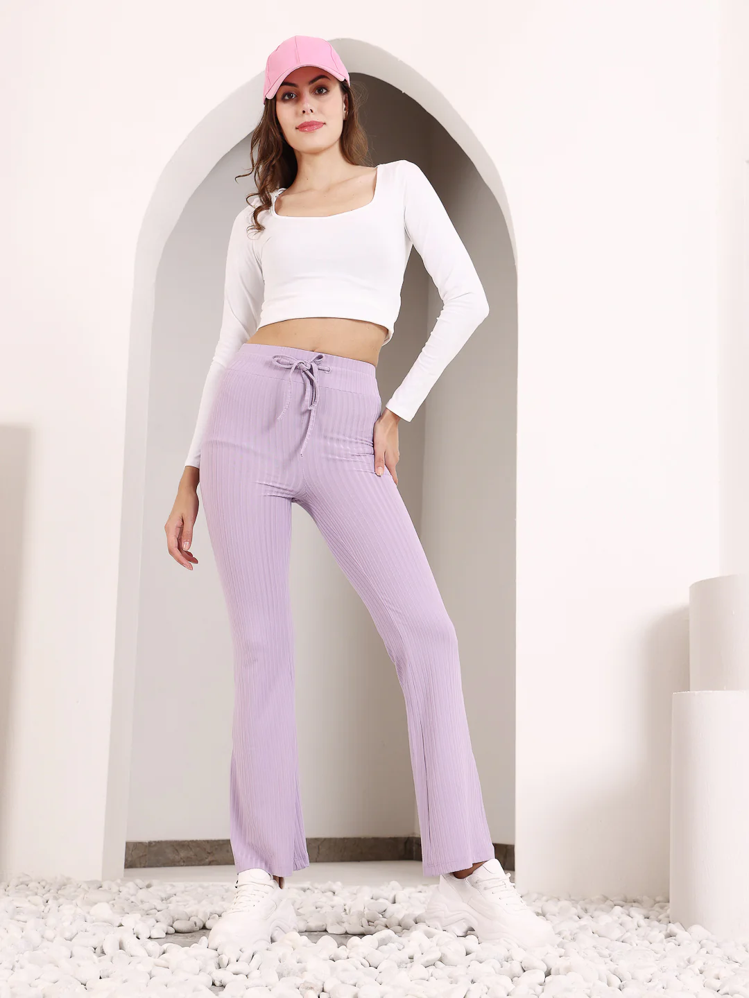 Lavender Rib Drawstring Flare Pants