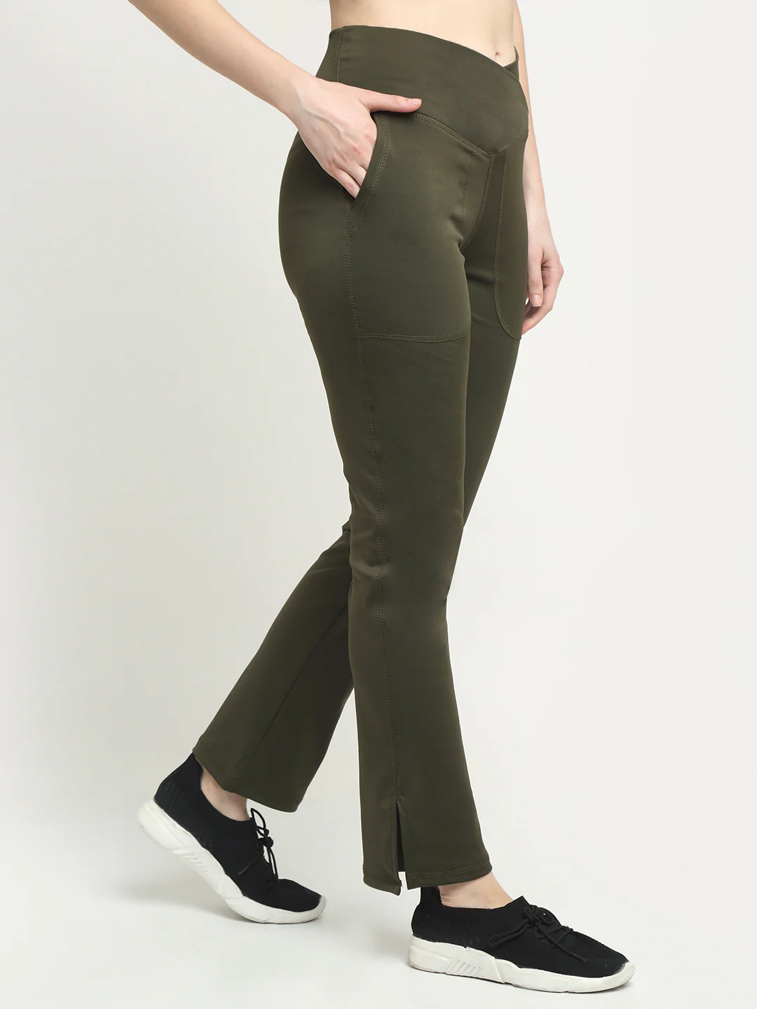Deep Sage Crossover Pocket Slit Hem Flare Leggings - Image 3