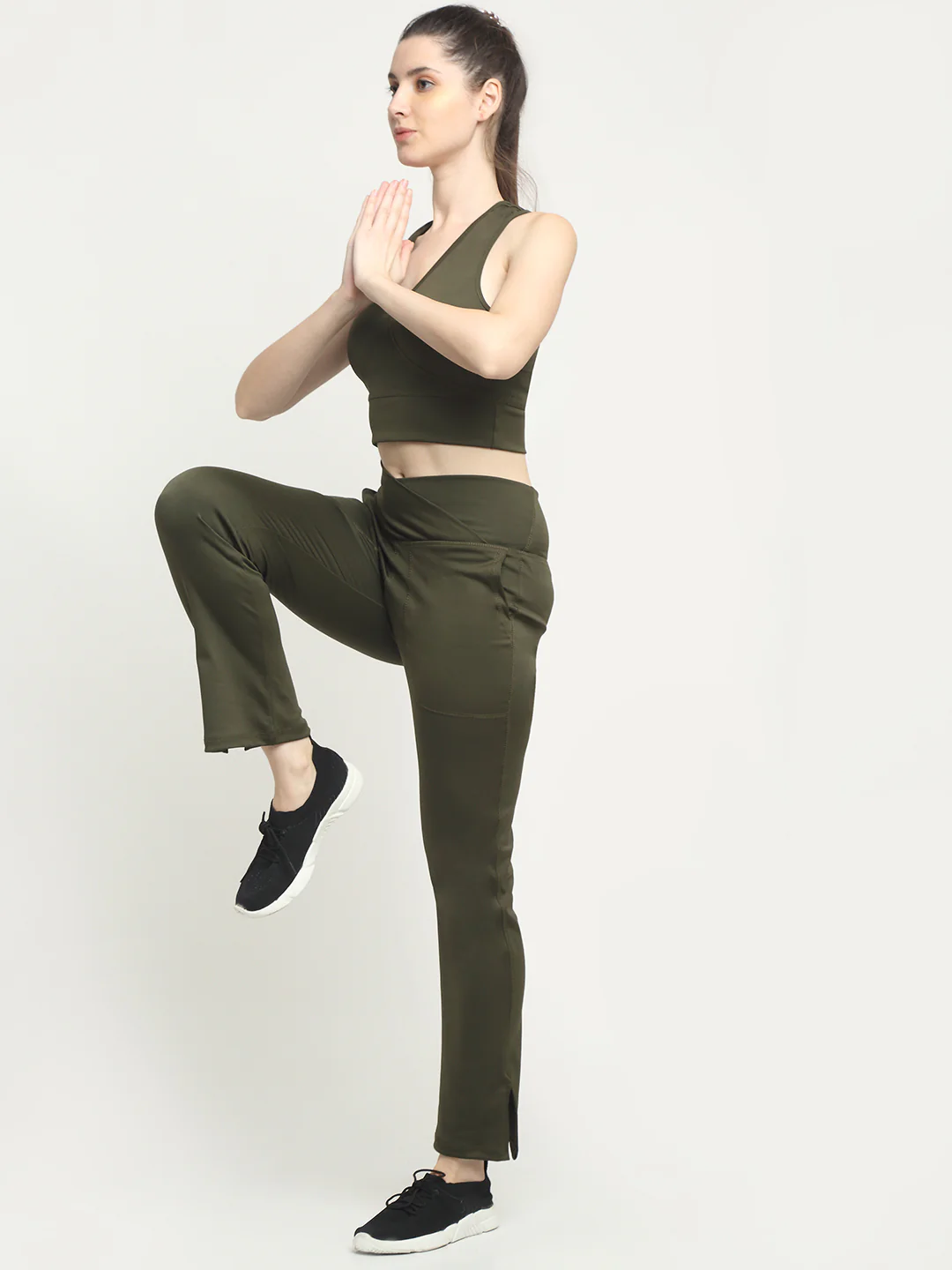 Deep Sage Crossover Pocket Slit Hem Flare Leggings - Image 5