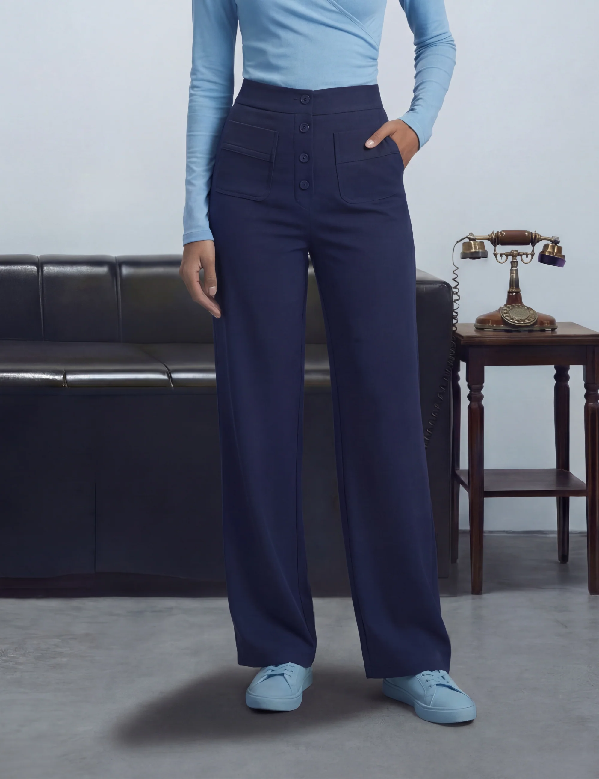 High Waisted Button Multiple Pockets Straight Leg Casual Pants - Image 6