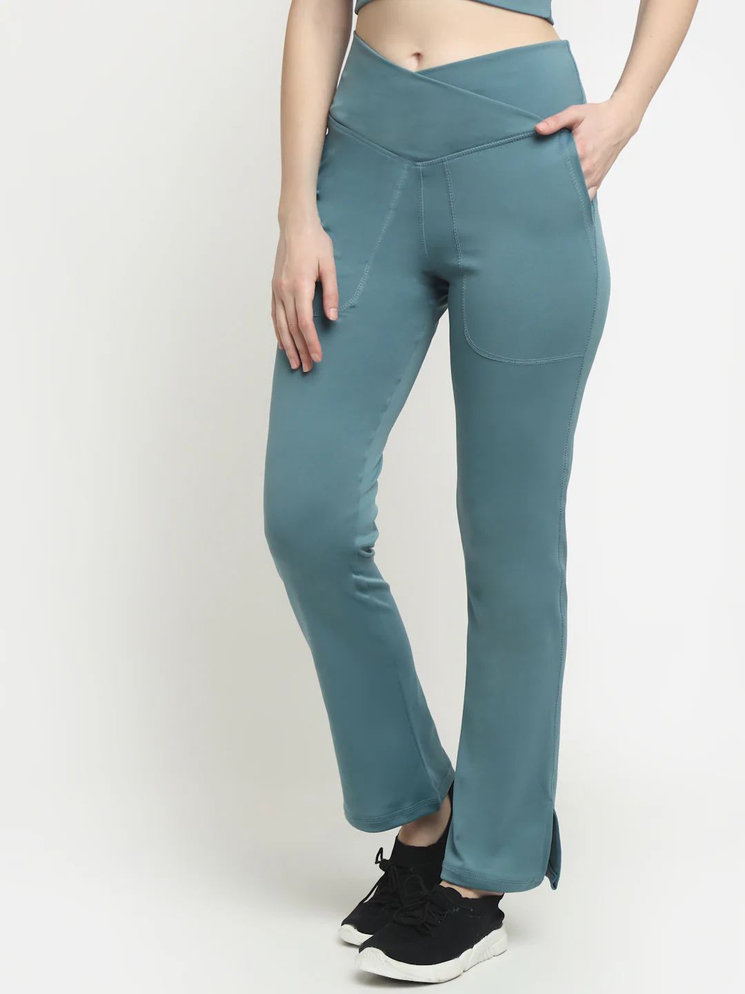 Ice Blue Crossover Pocket Slit Hem Flare Leggings - Image 4